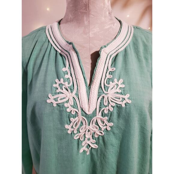 Talbots Womens Embroidered 100% Cotton Peasant Top Size MP Green Boho Hippie - Picture 2 of 9